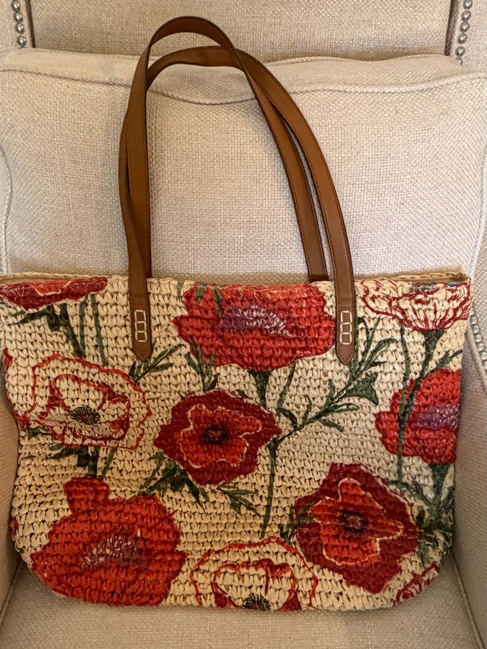 Style & Co. Red Poppy Woven Tote with Brown Straps